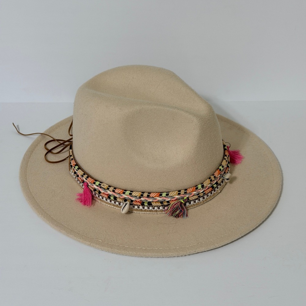 Boho Western Wool Fedora Rancher Hat with Tassels Seashells Boho Festival